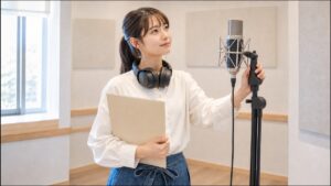 神奈川の声優専門学校を検討し、明るい実習室でマイク設備を確認する声優志望者