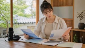 京都で声優専門学校の資料と学費を見比べる女性