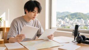 九州で声優専門学校への進路を考え、地図と資料を見比べる若者