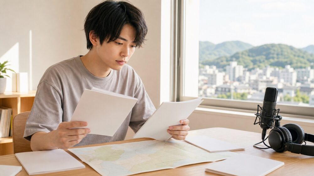 九州で声優専門学校への進路を考え、地図と資料を見比べる若者