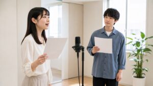 沖縄の声優専門学校でペア練習をする声優志望者