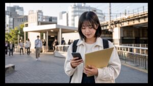 高田馬場の学生街で声優専門学校を調べる学生