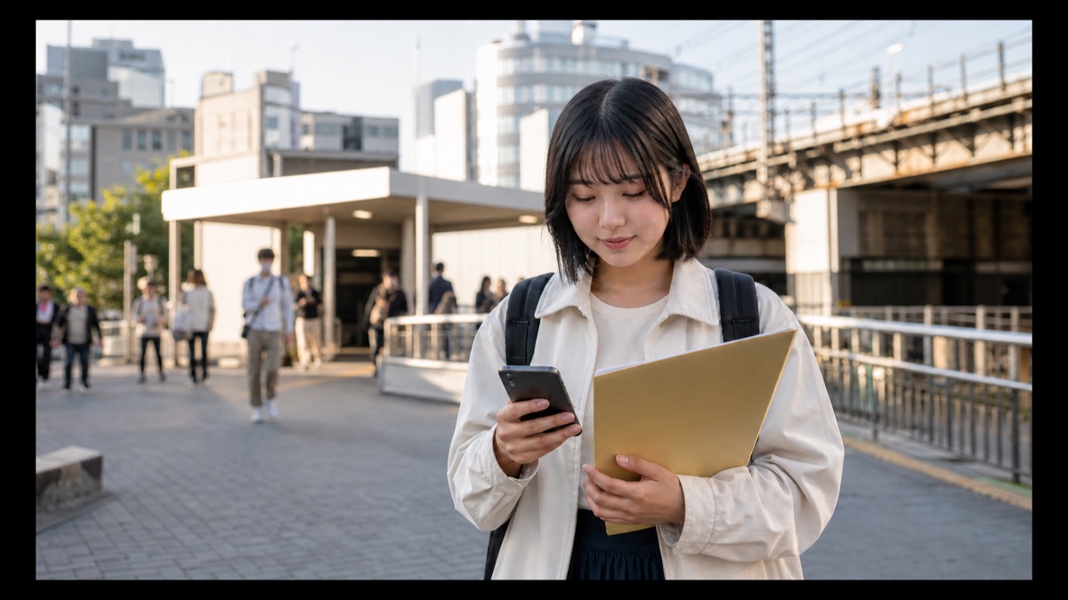 高田馬場の学生街で声優専門学校を調べる学生