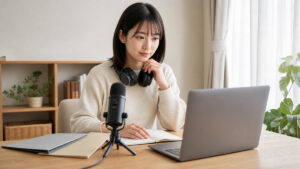自宅でオンラインの声優レッスンを検討する女性