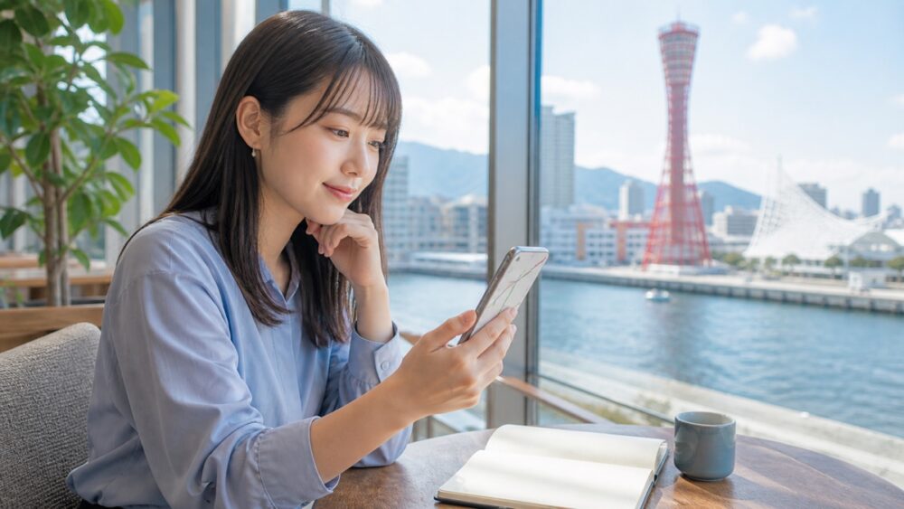 神戸港を眺めながら大阪までのアクセスをスマホで調べる女性