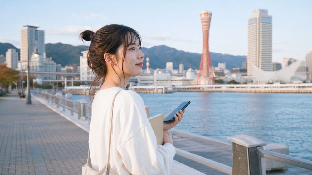 神戸港の屋外でスマホとノートを手に進路を考える女性
