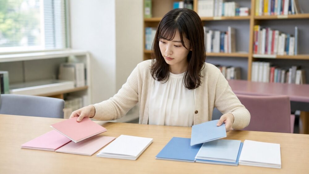 養成所と専門学校の資料を二つに分けて比較する女性