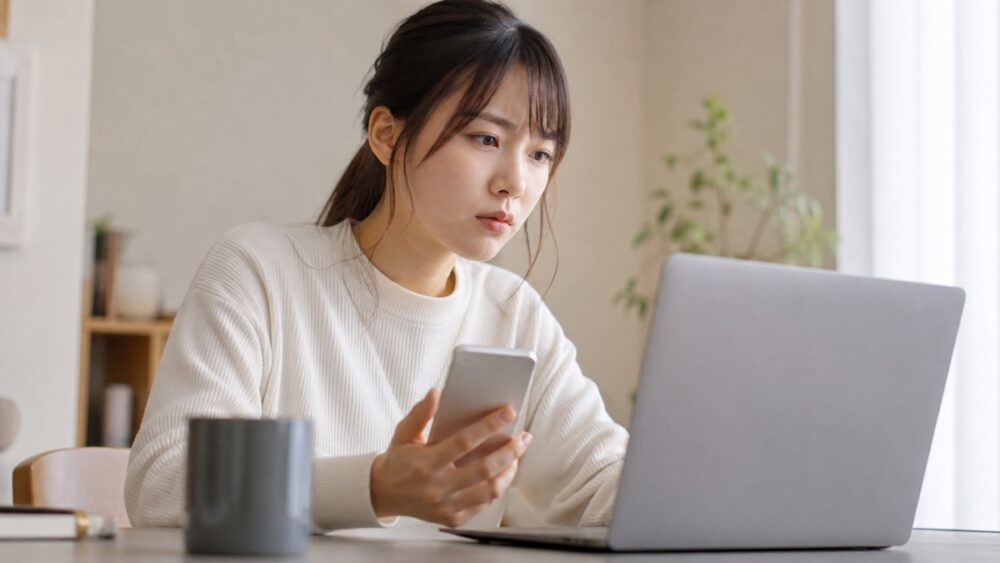 スマホとパソコンで公式情報を慎重に確認する女性