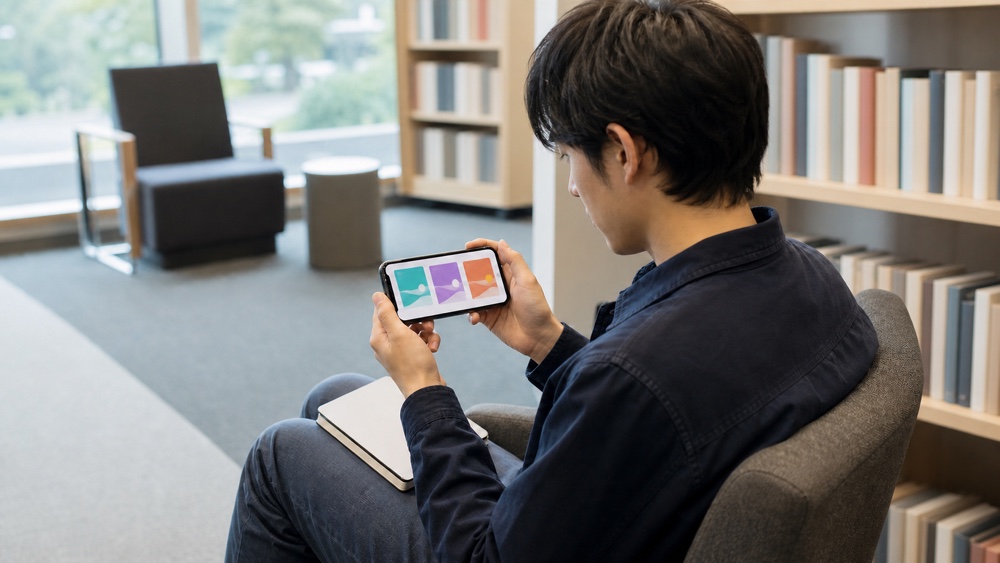 図書館でスマホの複数サイトを比較する男性