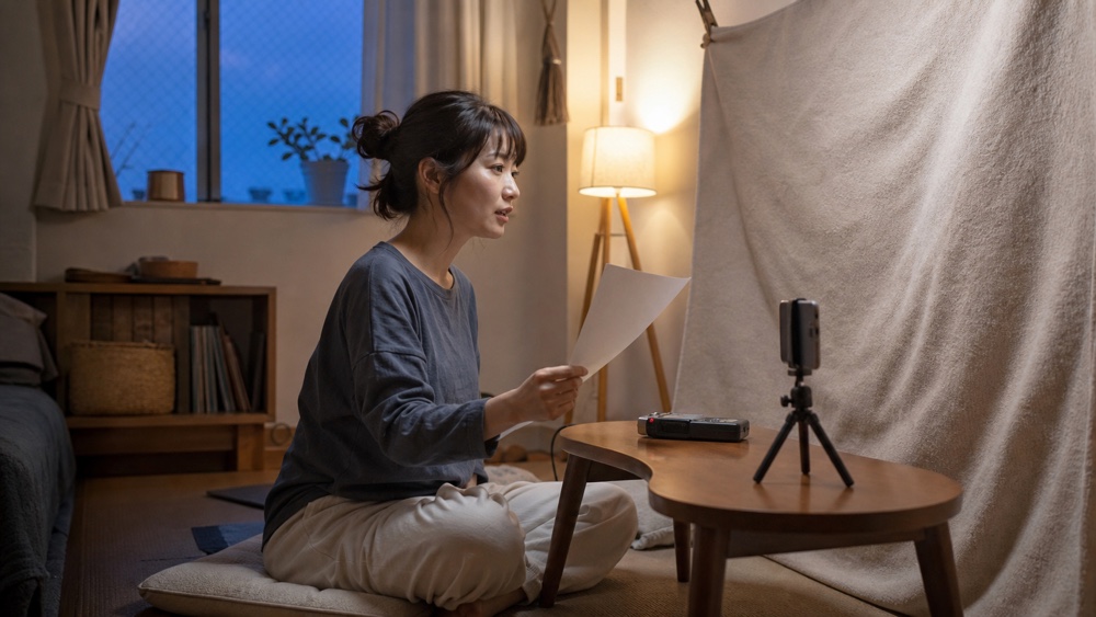 自宅の簡易録音環境で自主練習する女性