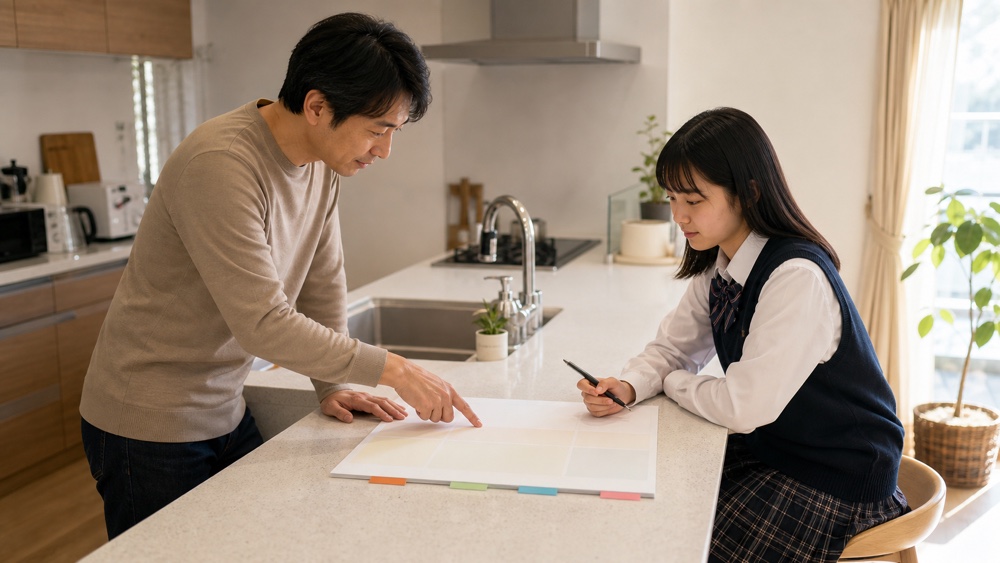 年代別の進路計画を自宅で相談する父親と高校生の娘