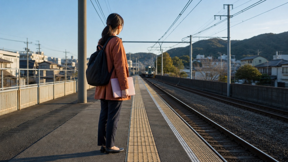 神戸の在来線ホームで教材を持って電車を待つ女性