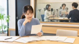 声優ワークショップを比較する女性とレッスン風景