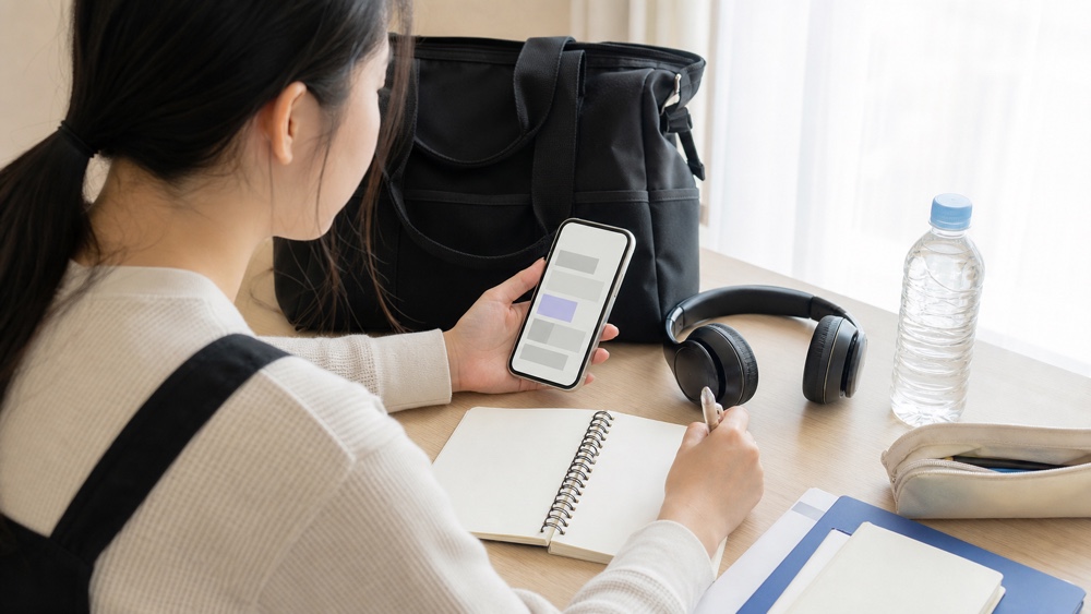 ワークショップ参加前にスマホとメモで申込内容を確認する声優志望者