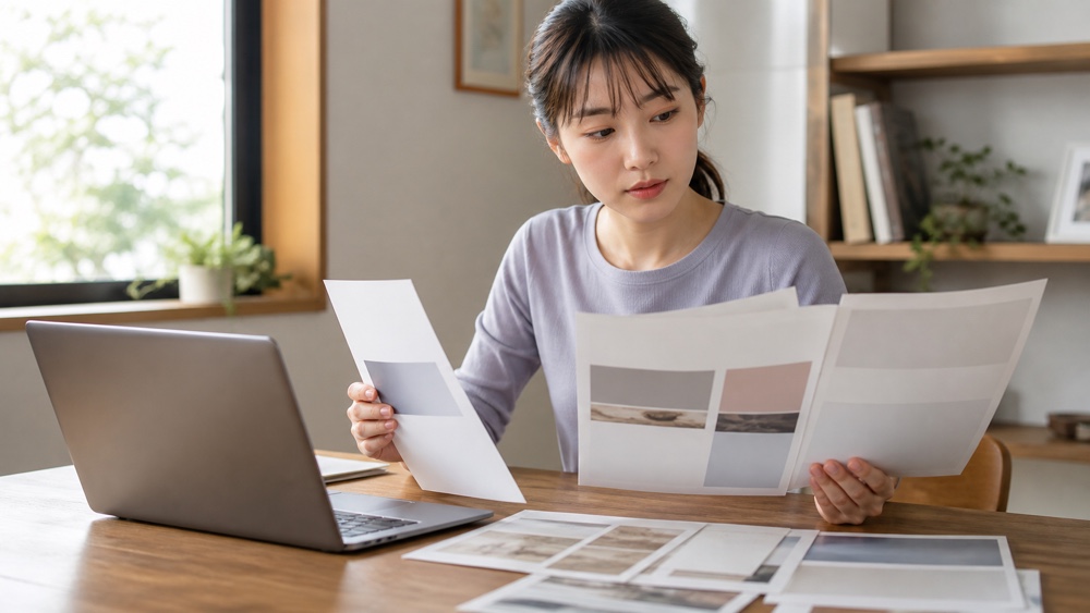 複数のワークショップ案内をパソコンと資料で比較する声優志望者