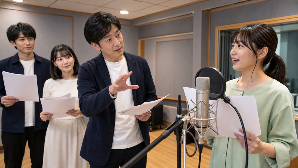 収録スタジオで講師から演技指導を受ける声優志望者