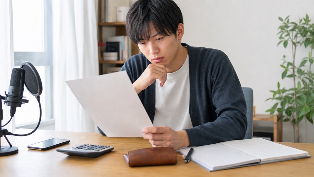 レッスン費用と参加条件の資料を電卓と一緒に確認する受講希望者