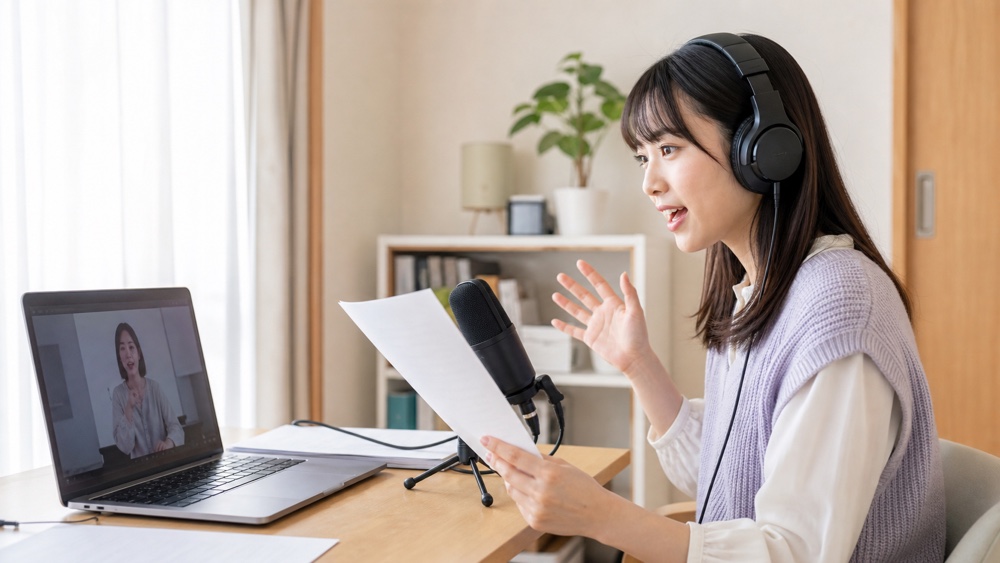 自宅からオンラインの声優ワークショップに参加する声優志望者