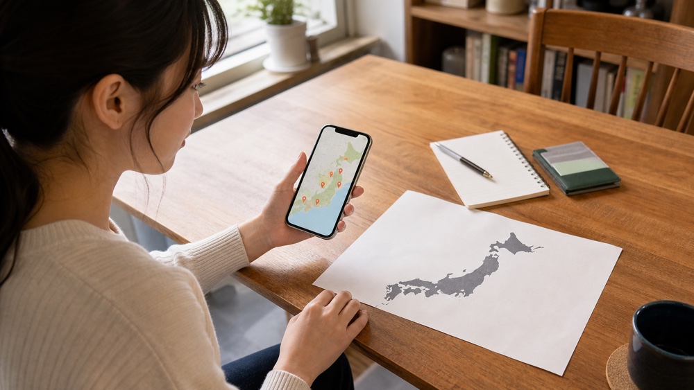 日本地図とスマートフォンで地域別ワークショップの開催地を調べる声優志望者