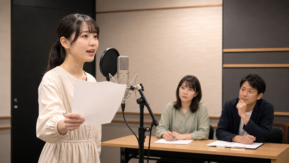 一般的な芸能オーディションで審査員の前に立ち台本を読む応募者