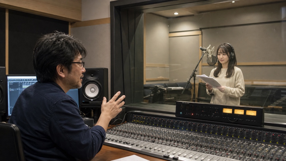 録音スタジオで音響監督から演技指導を受ける声優志望者