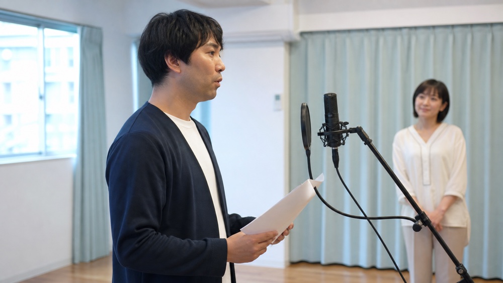 ワークショップで初めてマイク前の演技に挑戦する初心者