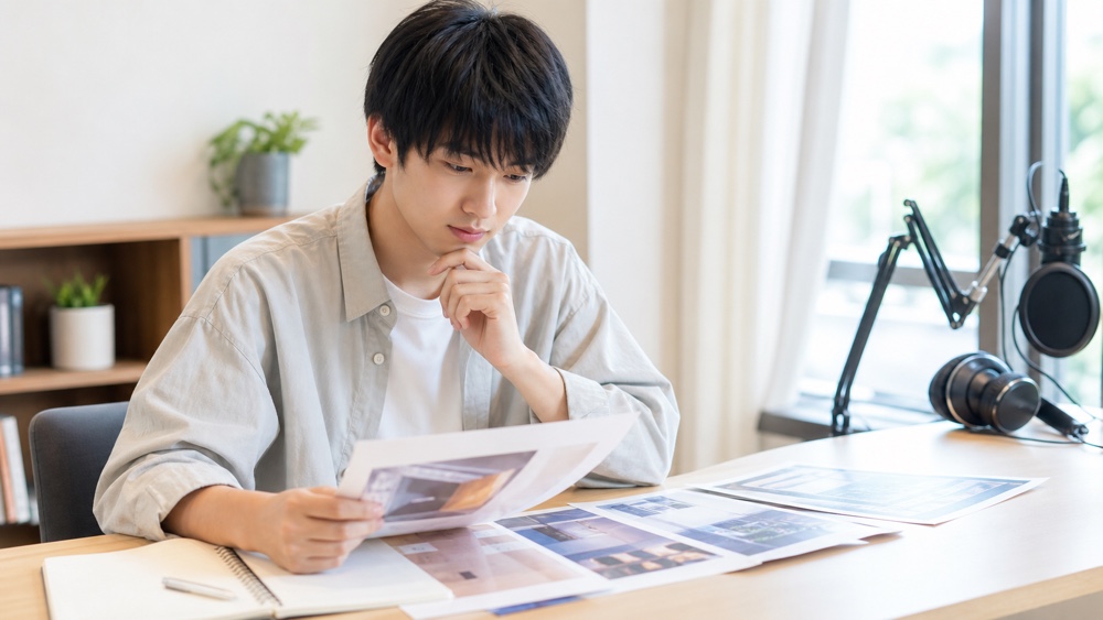 声優専門学校への進学を資料で真剣に検討する学生