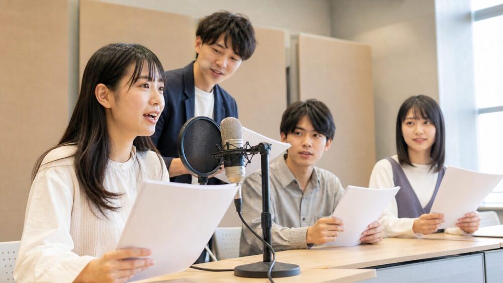 声優養成所でマイクと台本を使ってレッスンを受ける受講生たち