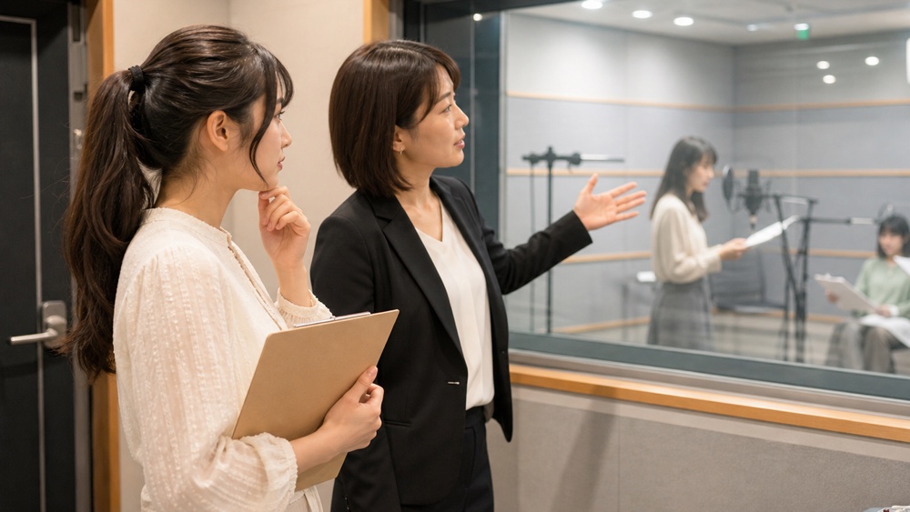 声優養成所のレッスン環境を見学して確認する女性