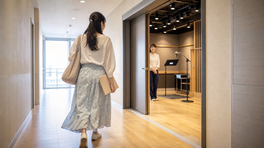 声優養成所のスタジオへ入所準備に向かう女性