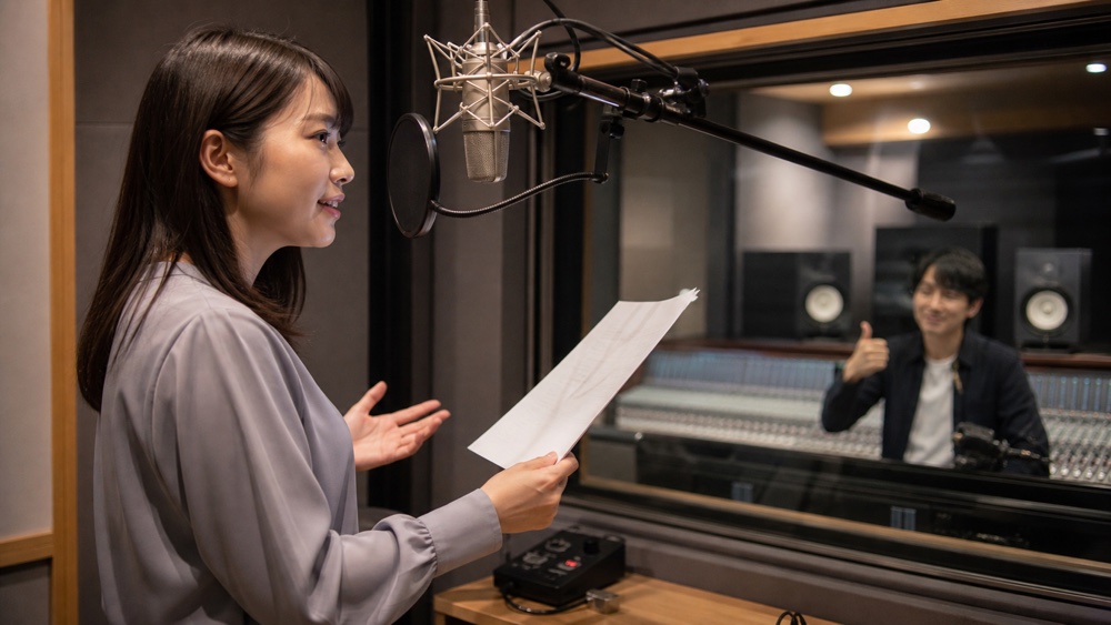 声優養成所卒業後にプロの収録現場で演技する女性