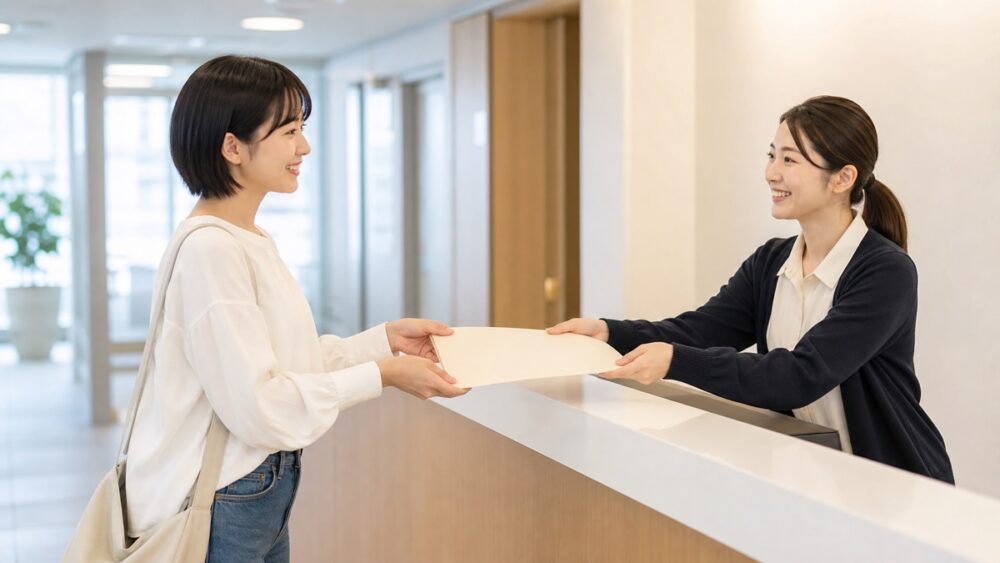 養成所の受付で案内資料を受け取る来訪者