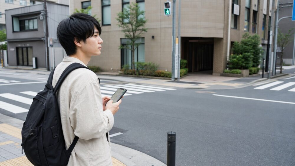 交差点で地図アプリを確認して通学ルートを考える人