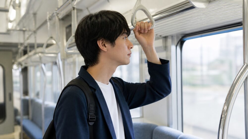 電車内で吊革につかまり養成所へ移動する人