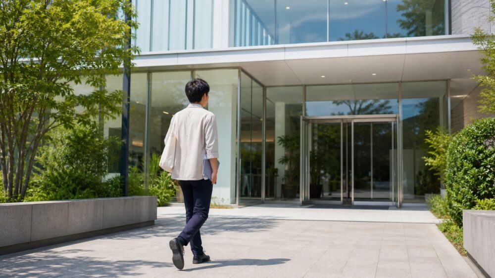 見学当日に教育施設の入口へ向かう人