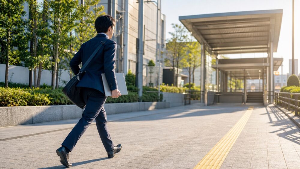 朝の通勤時間帯に駅へ急ぐ社会人
