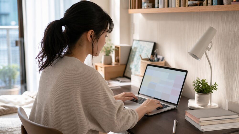 自宅のパソコンで声優学校の情報を調べる女性