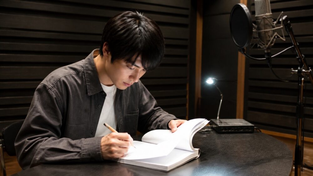 小規模な録音スタジオで台本を読み込む受講生
