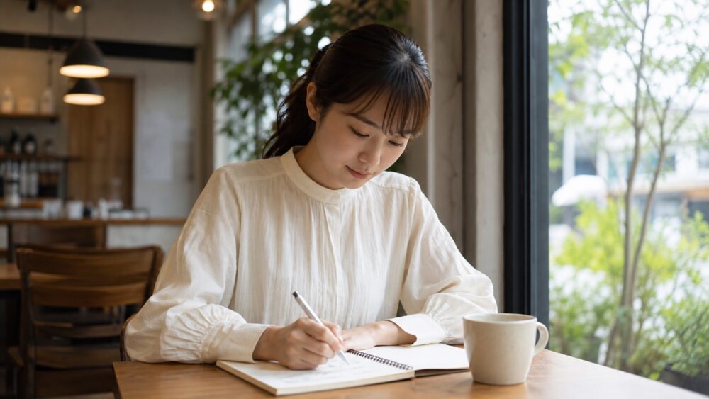 カフェで1レッスン単価をノートに計算する女性