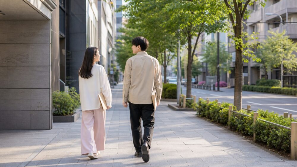 代々木周辺の都会の歩道を歩いて養成所へ向かう2人