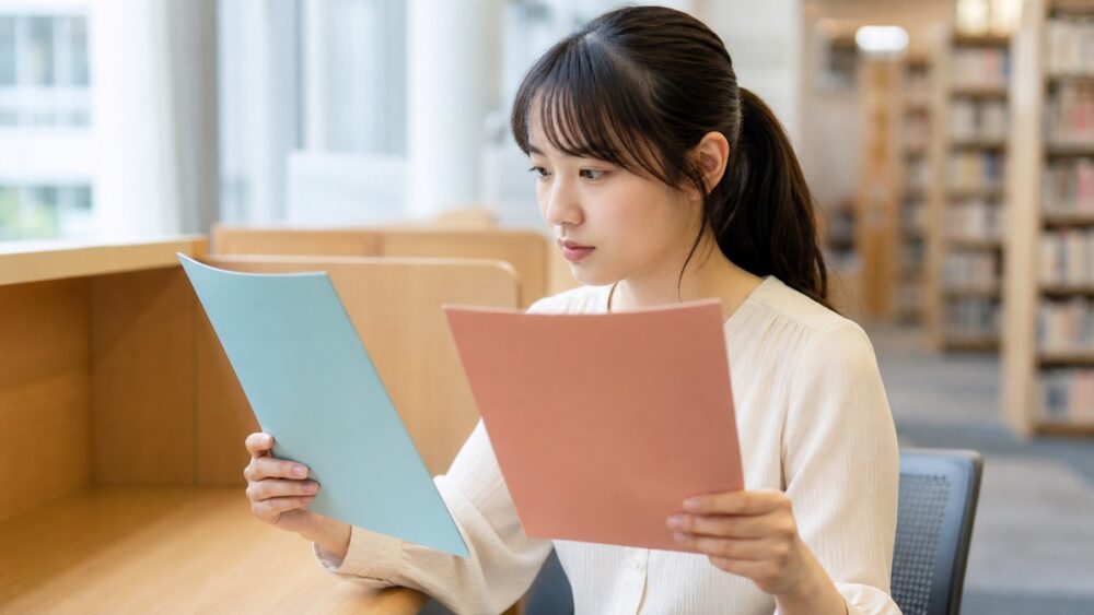 声優養成所と声優専門学校の資料を見比べる女性