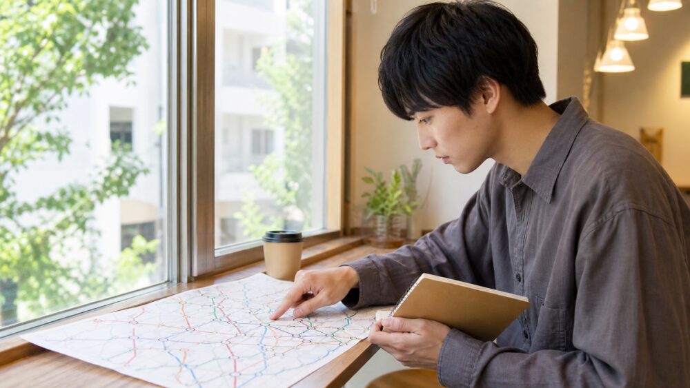 東京全域の路線図を見ながら併願先を検討する様子