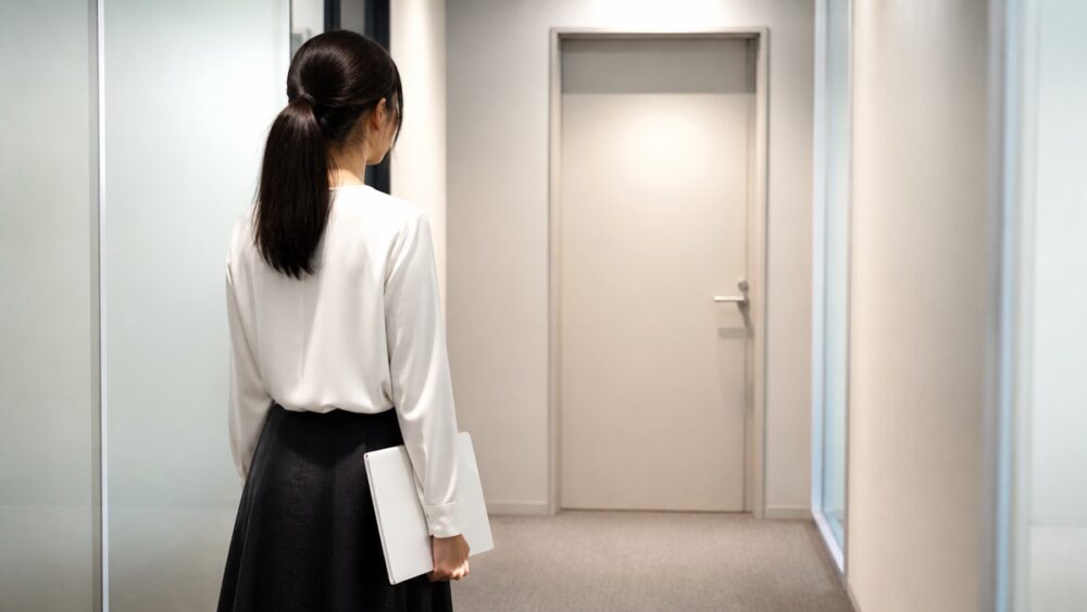 オーディション会場の扉の前で入室を待つ様子