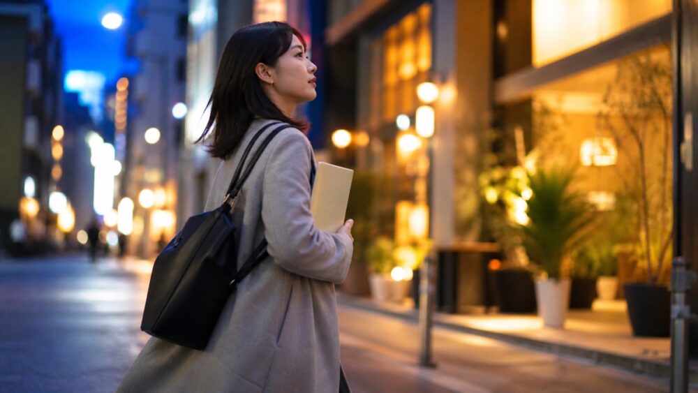 仕事帰りに夜の街を歩いてレッスンへ向かう社会人