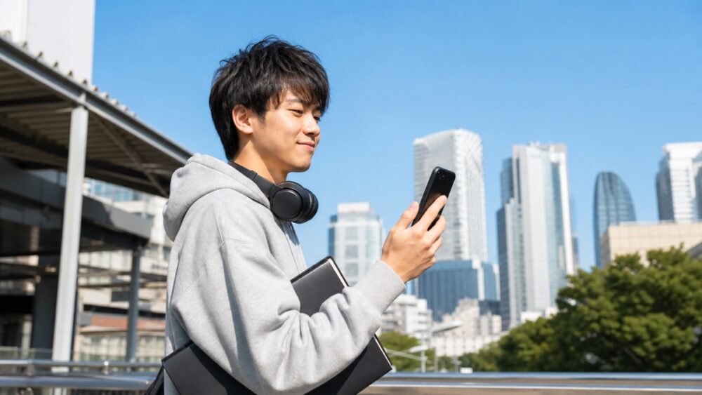 代々木駅周辺でスマートフォンの地図を確認する声優志望の若者