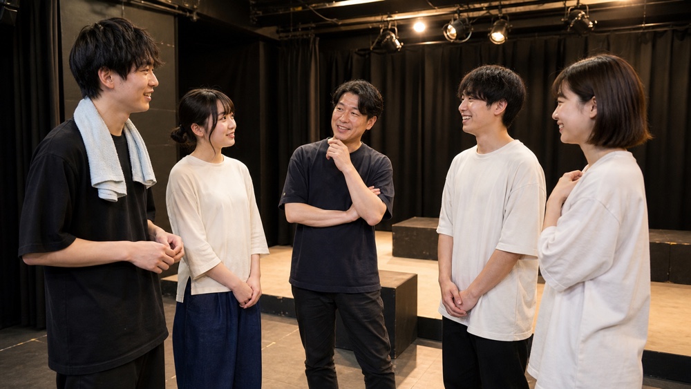 舞台稽古を終えて卒業制作を振り返る声優専門学校の学生と講師