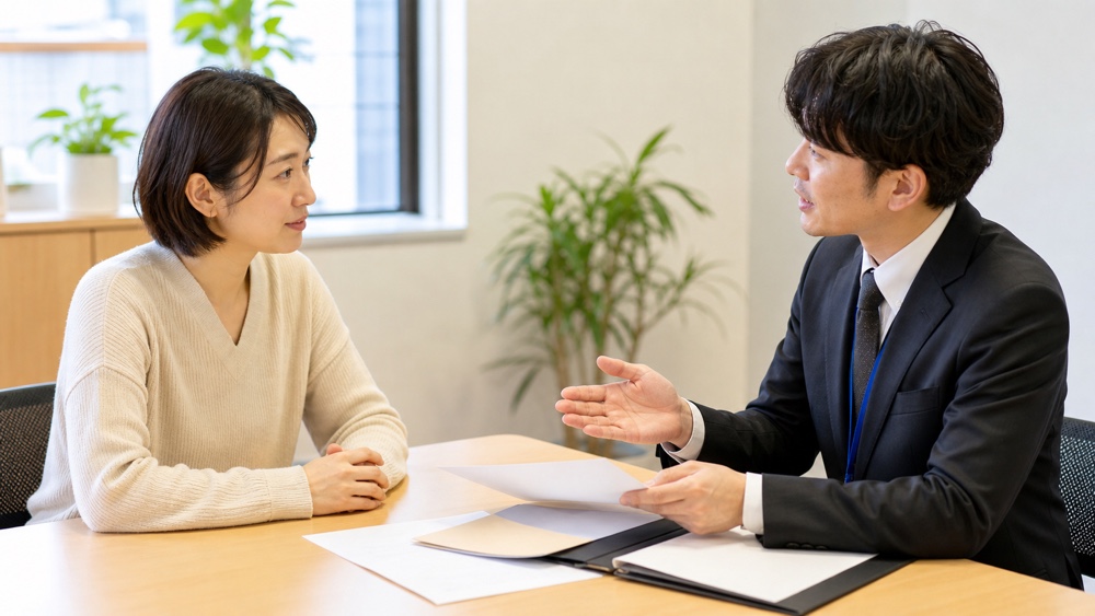 声優オーディションの年齢条件を相談員と確認する応募希望者