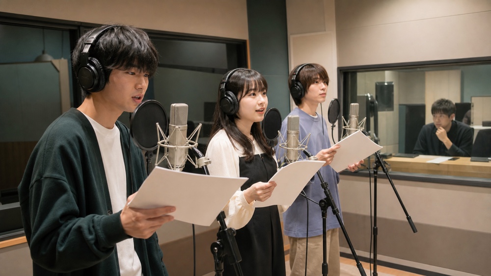 録音スタジオで学生制作アニメにアフレコする声優専門学校の学生