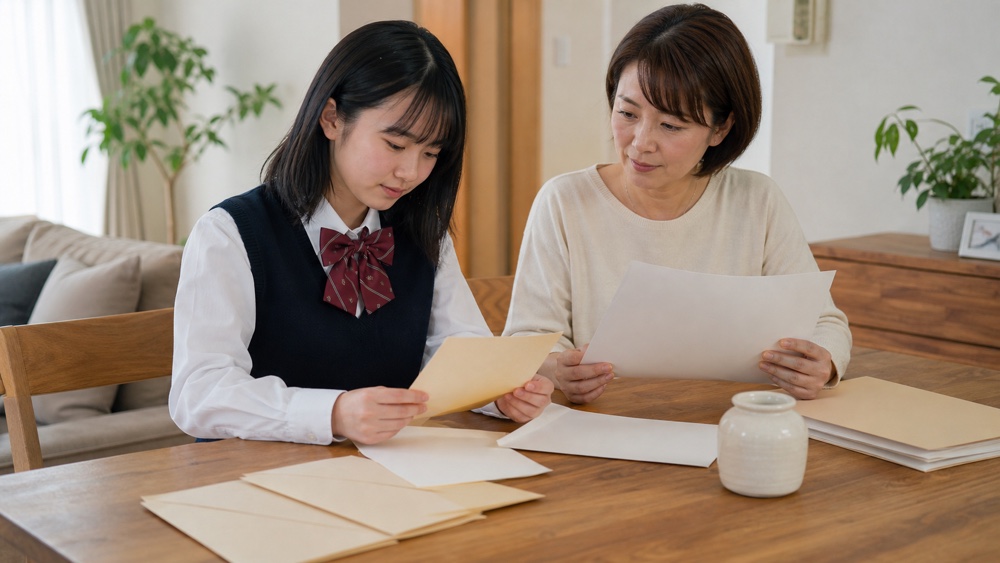 育成部門の初年度費用を親子で確認する様子