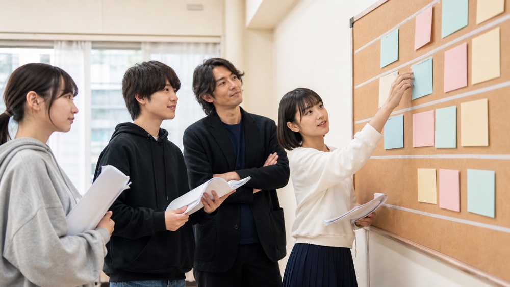 卒業制作の準備スケジュールをボードで相談する学生と講師